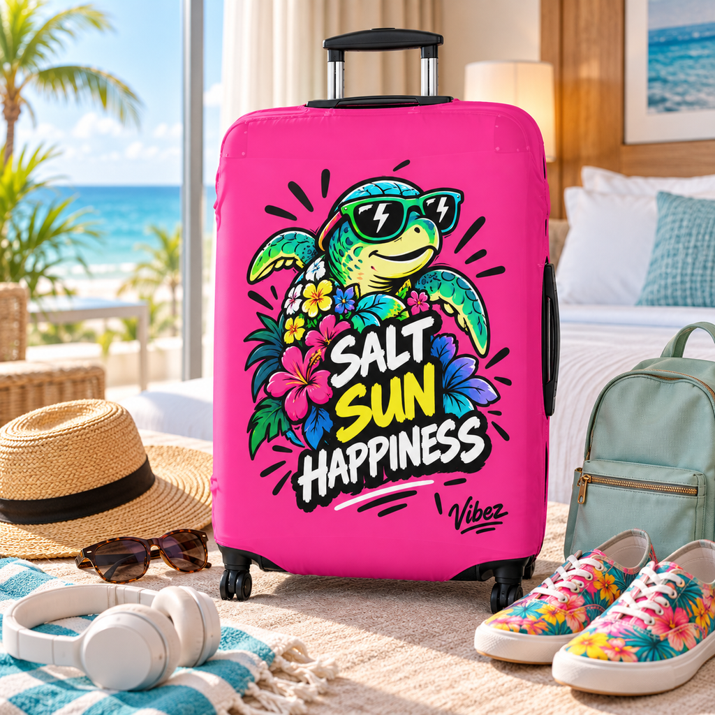 Salt Sun Happiness turtle luggage cover | bright pink tropical travel accessory