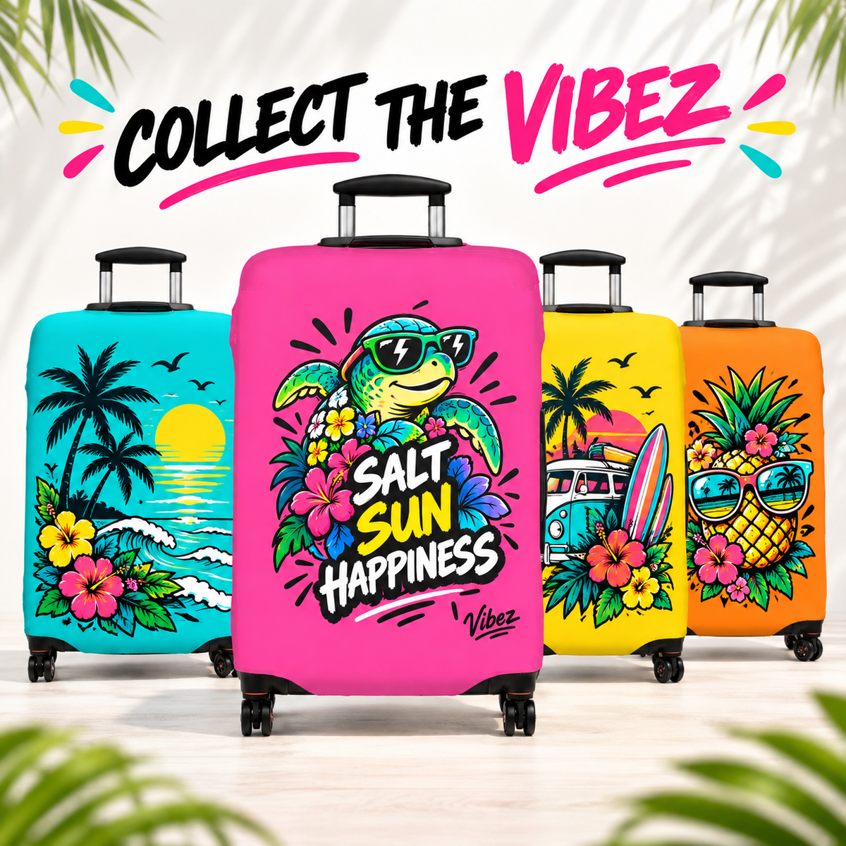 Salt Sun Happiness turtle luggage cover | bright pink tropical travel accessory