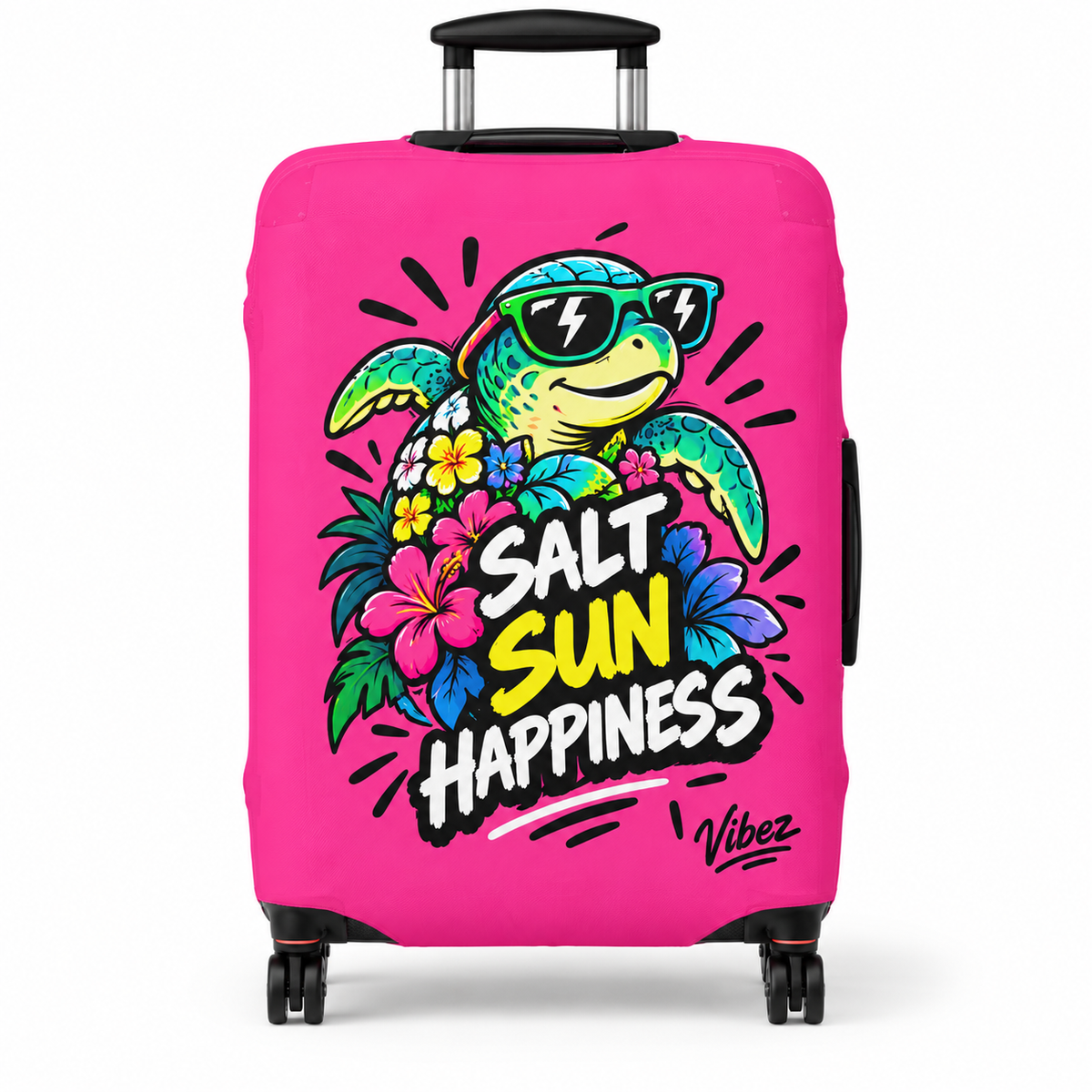 Salt Sun Happiness turtle luggage cover | bright pink tropical travel accessory