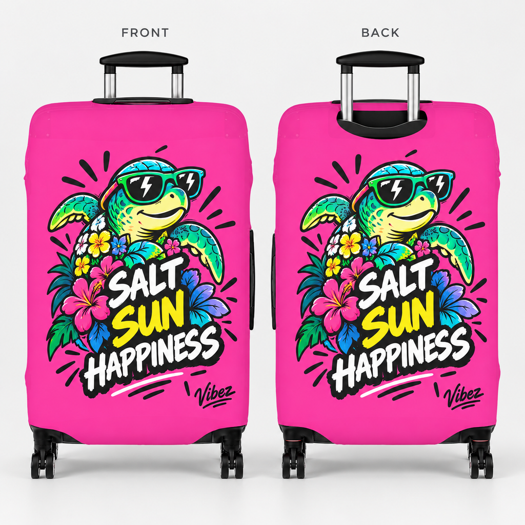 Salt Sun Happiness turtle luggage cover | bright pink tropical travel accessory