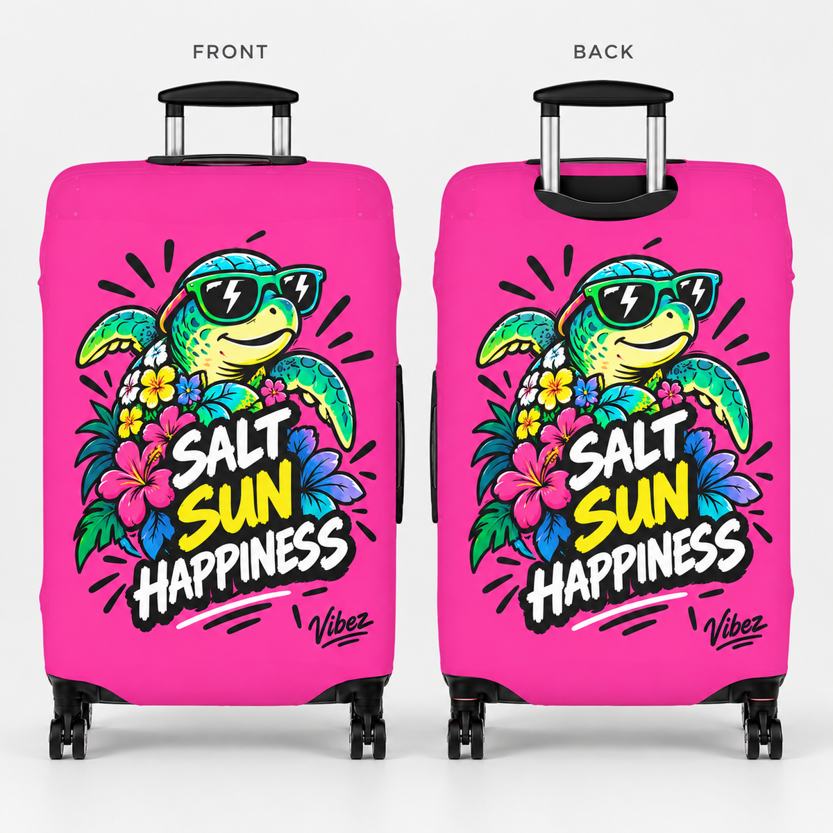 Salt Sun Happiness turtle luggage cover | bright pink tropical travel accessory
