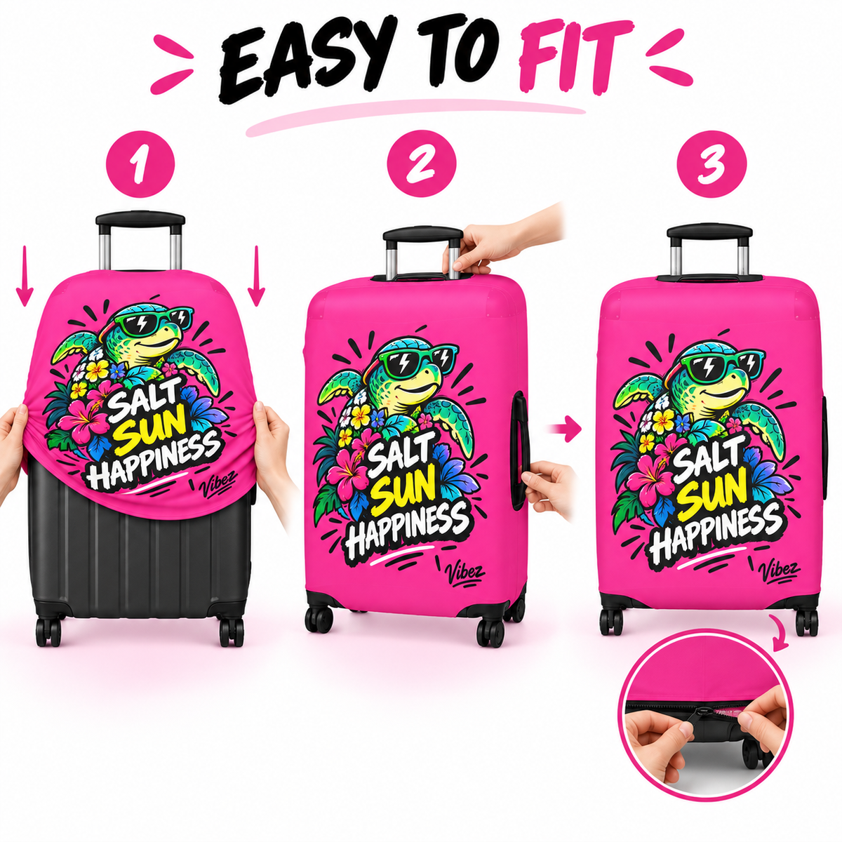 Salt Sun Happiness turtle luggage cover | bright pink tropical travel accessory