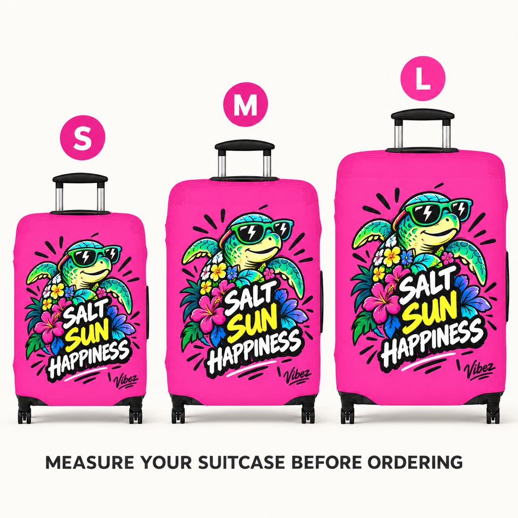Salt Sun Happiness turtle luggage cover | bright pink tropical travel accessory