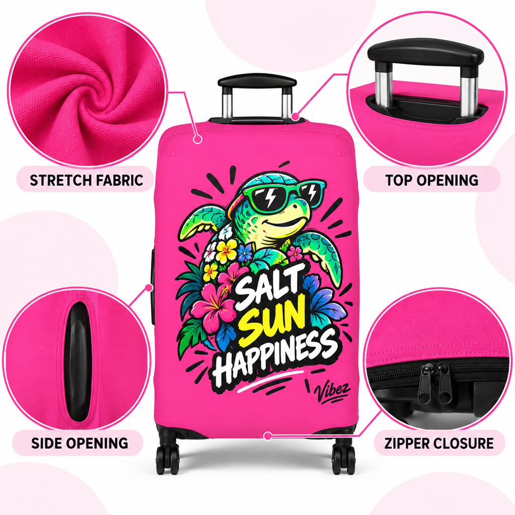 Salt Sun Happiness turtle luggage cover | bright pink tropical travel accessory