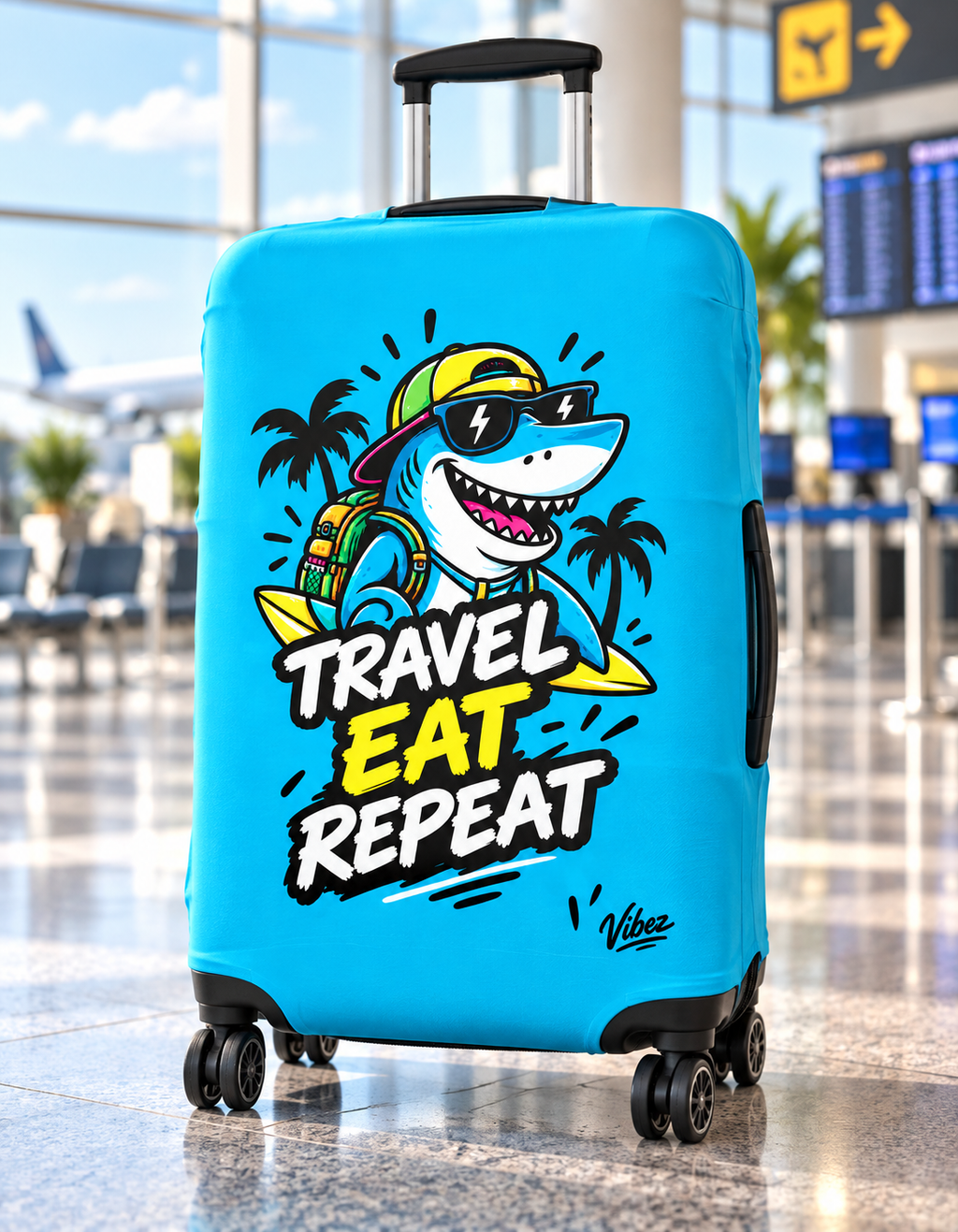 Travel Eat Repeat Luggage Cover | Shark Beach Palm Print