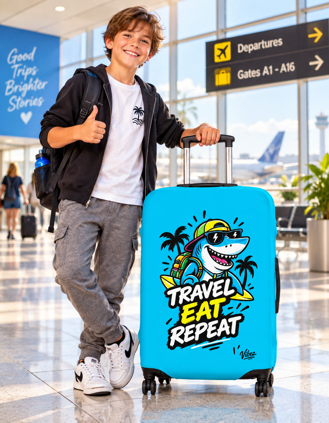 Travel Eat Repeat Luggage Cover | Shark Beach Palm Print