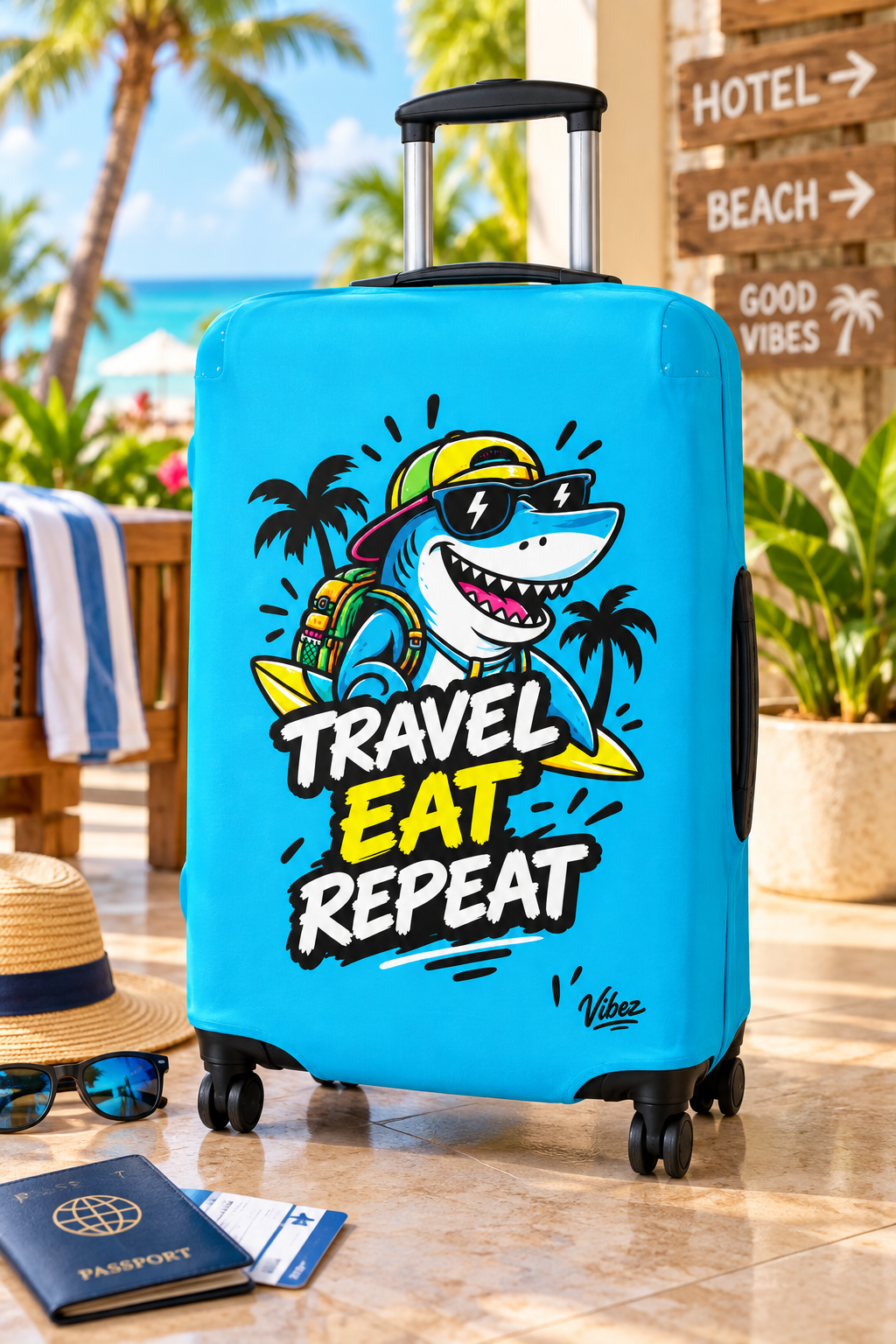 Travel Eat Repeat Luggage Cover | Shark Beach Palm Print