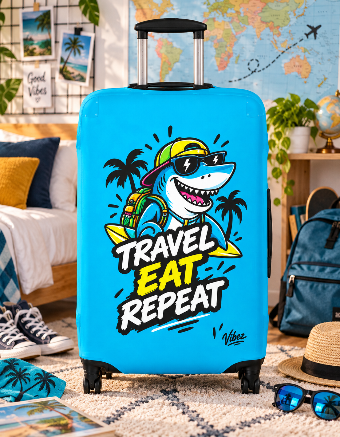 Travel Eat Repeat Luggage Cover | Shark Beach Palm Print