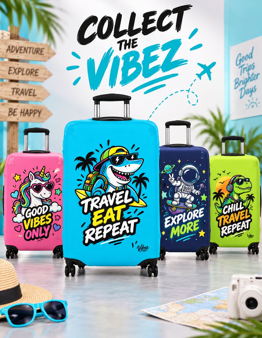 Travel Eat Repeat Luggage Cover | Shark Beach Palm Print