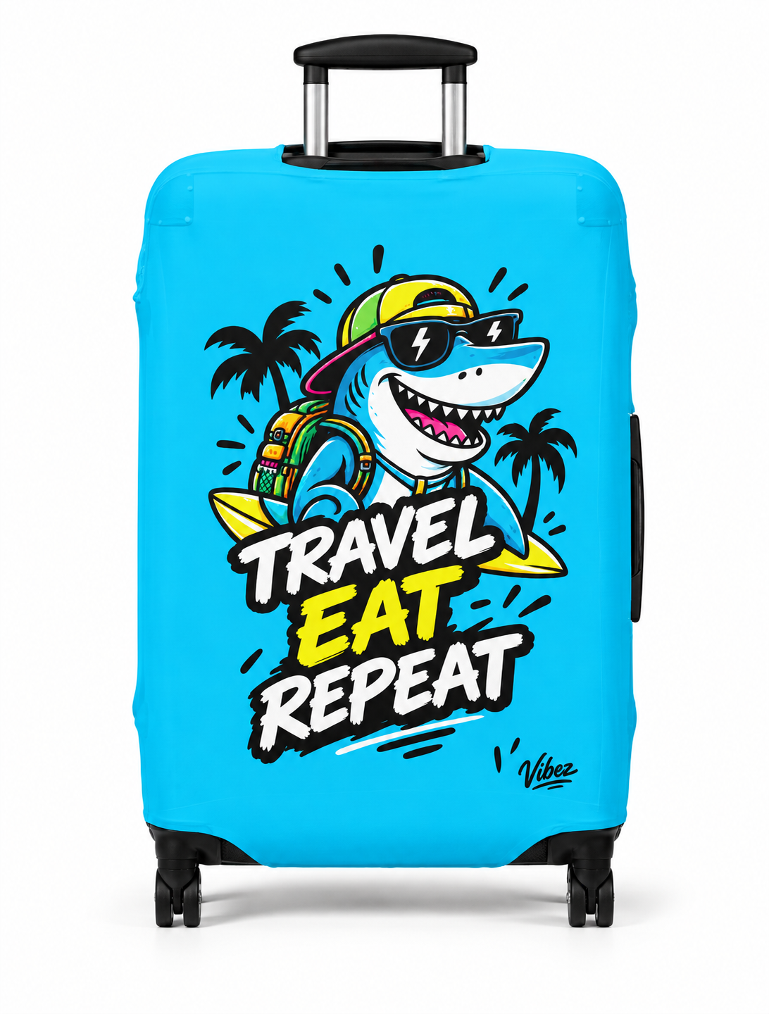 Travel Eat Repeat Luggage Cover | Shark Beach Palm Print