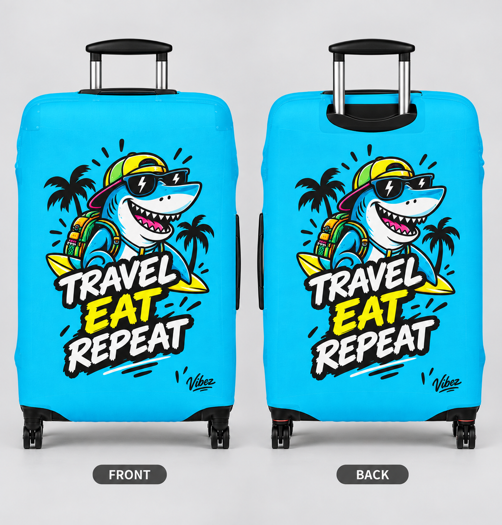 Travel Eat Repeat Luggage Cover | Shark Beach Palm Print