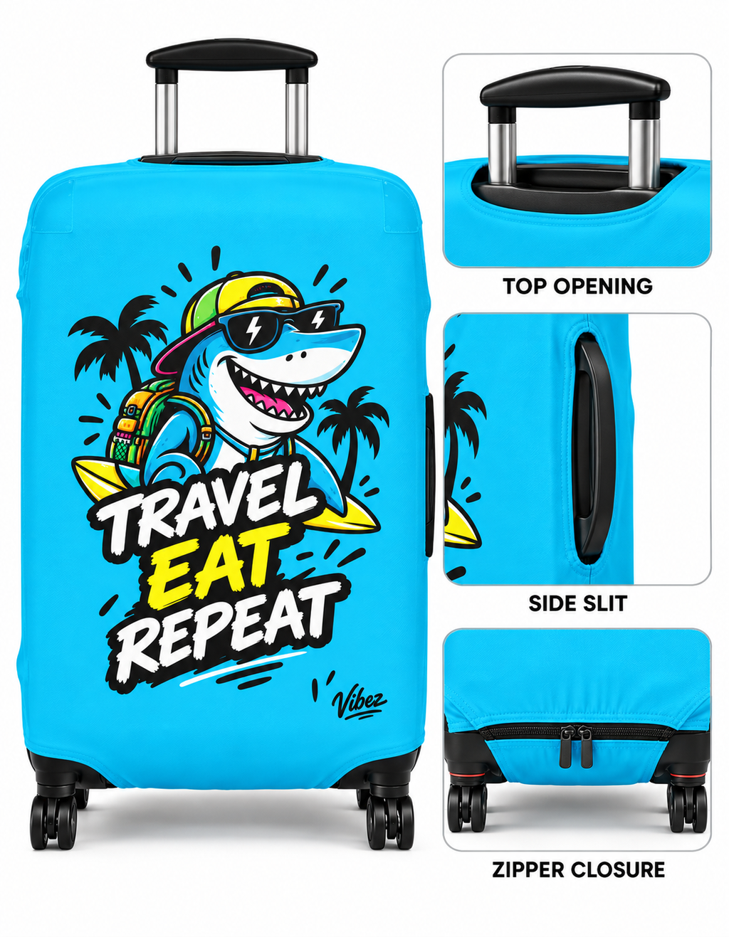 Travel Eat Repeat Luggage Cover | Shark Beach Palm Print