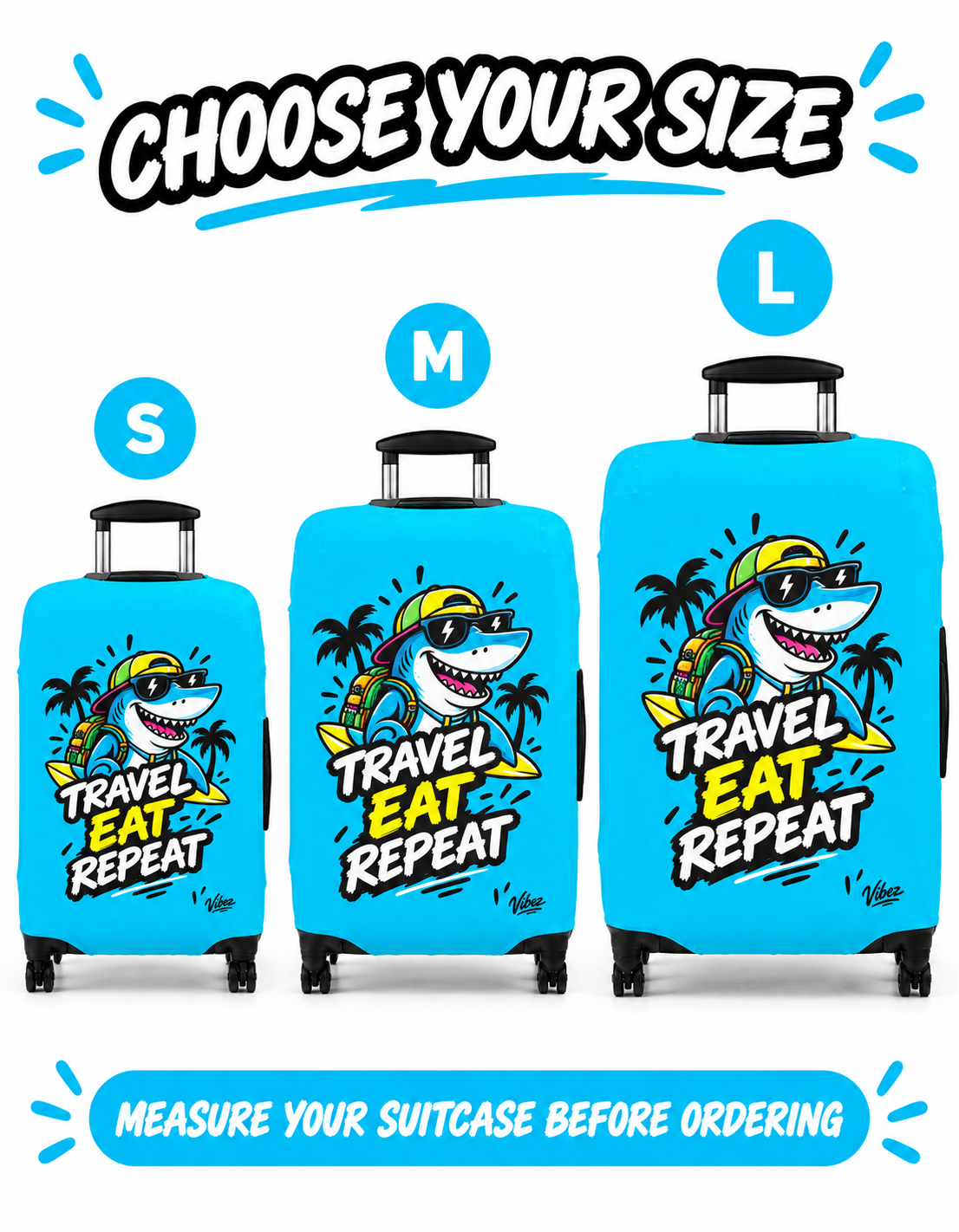 Travel Eat Repeat Luggage Cover | Shark Beach Palm Print