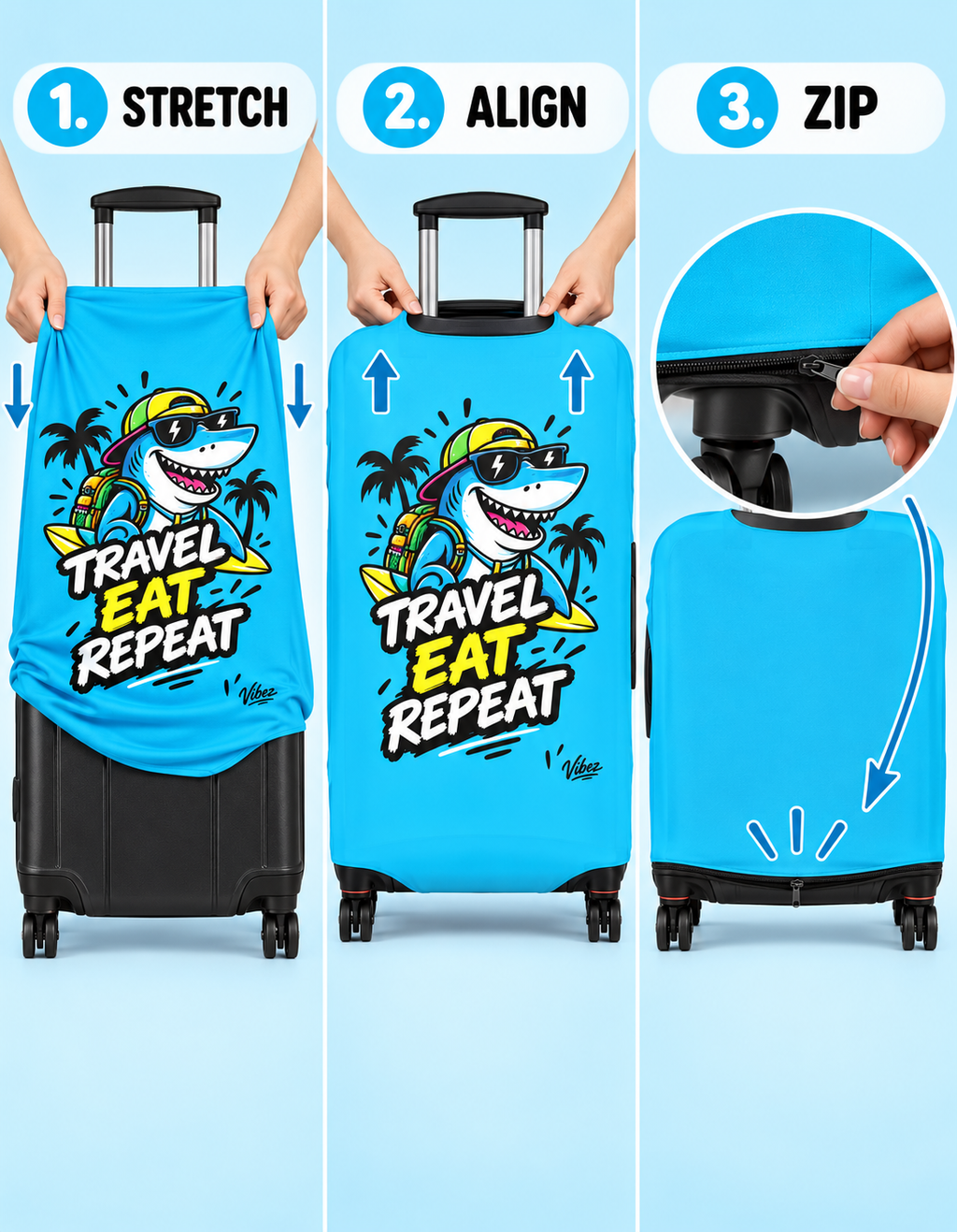 Travel Eat Repeat Luggage Cover | Shark Beach Palm Print