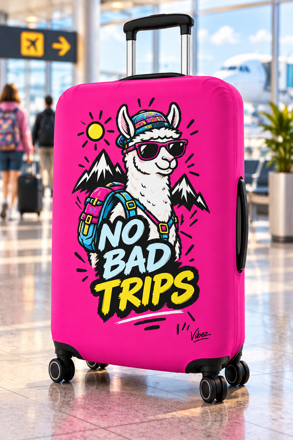 No Bad Trips Llama Luggage Cover | Bright Pink Travel Protector
