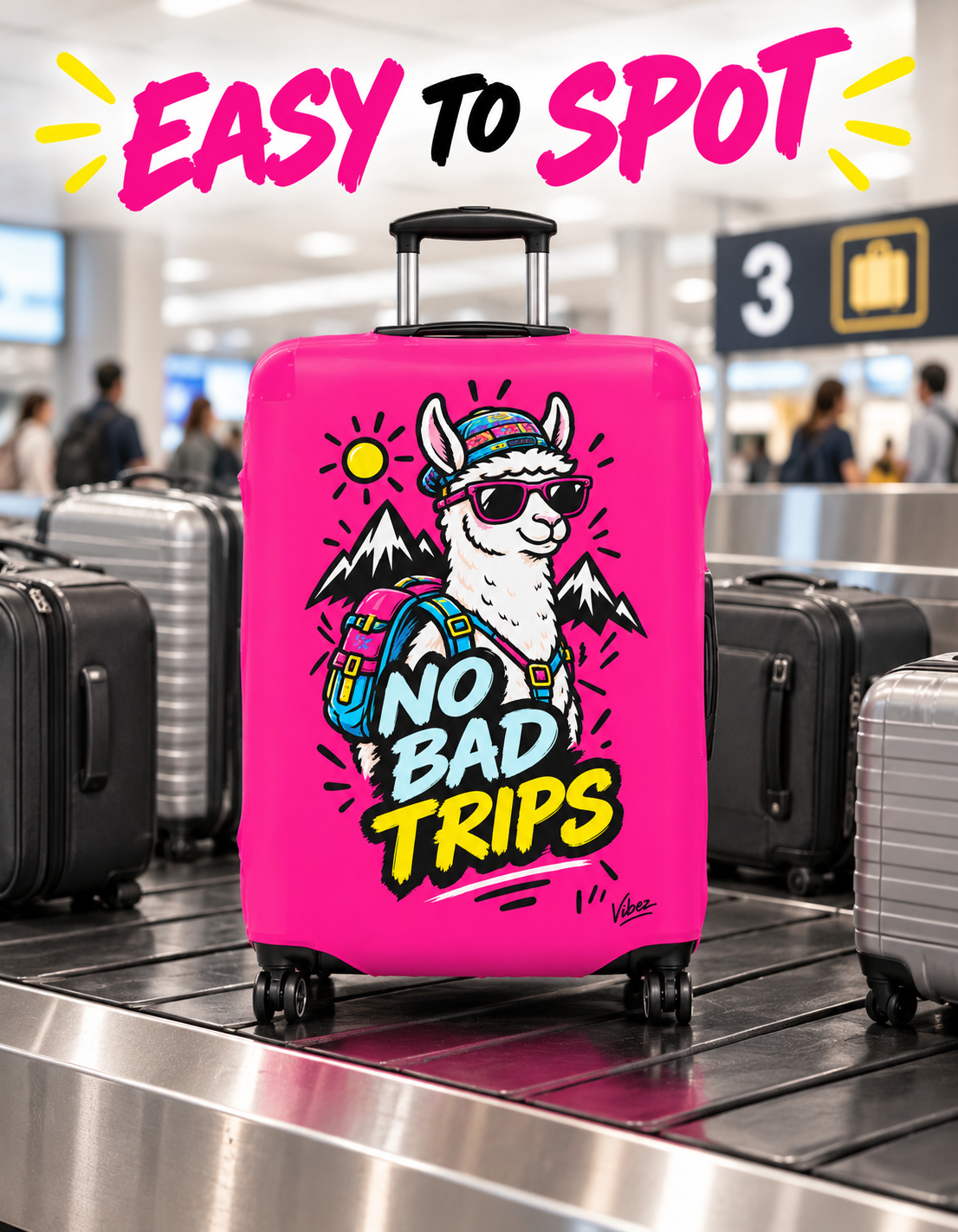 No Bad Trips Llama Luggage Cover | Bright Pink Travel Protector