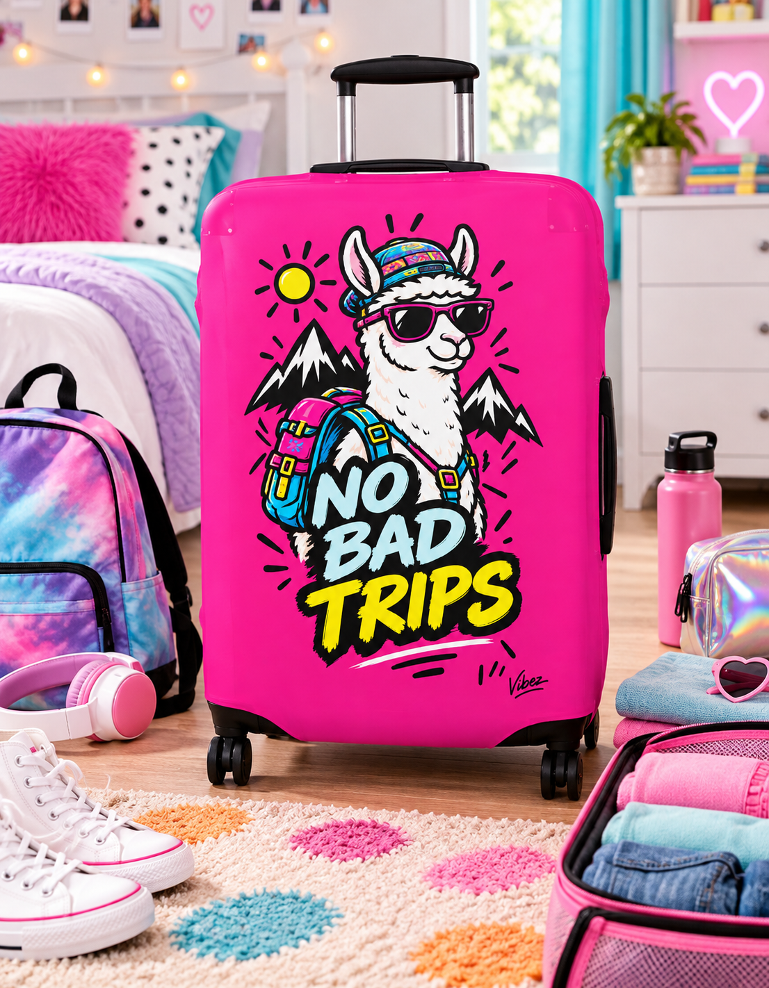 No Bad Trips Llama Luggage Cover | Bright Pink Travel Protector