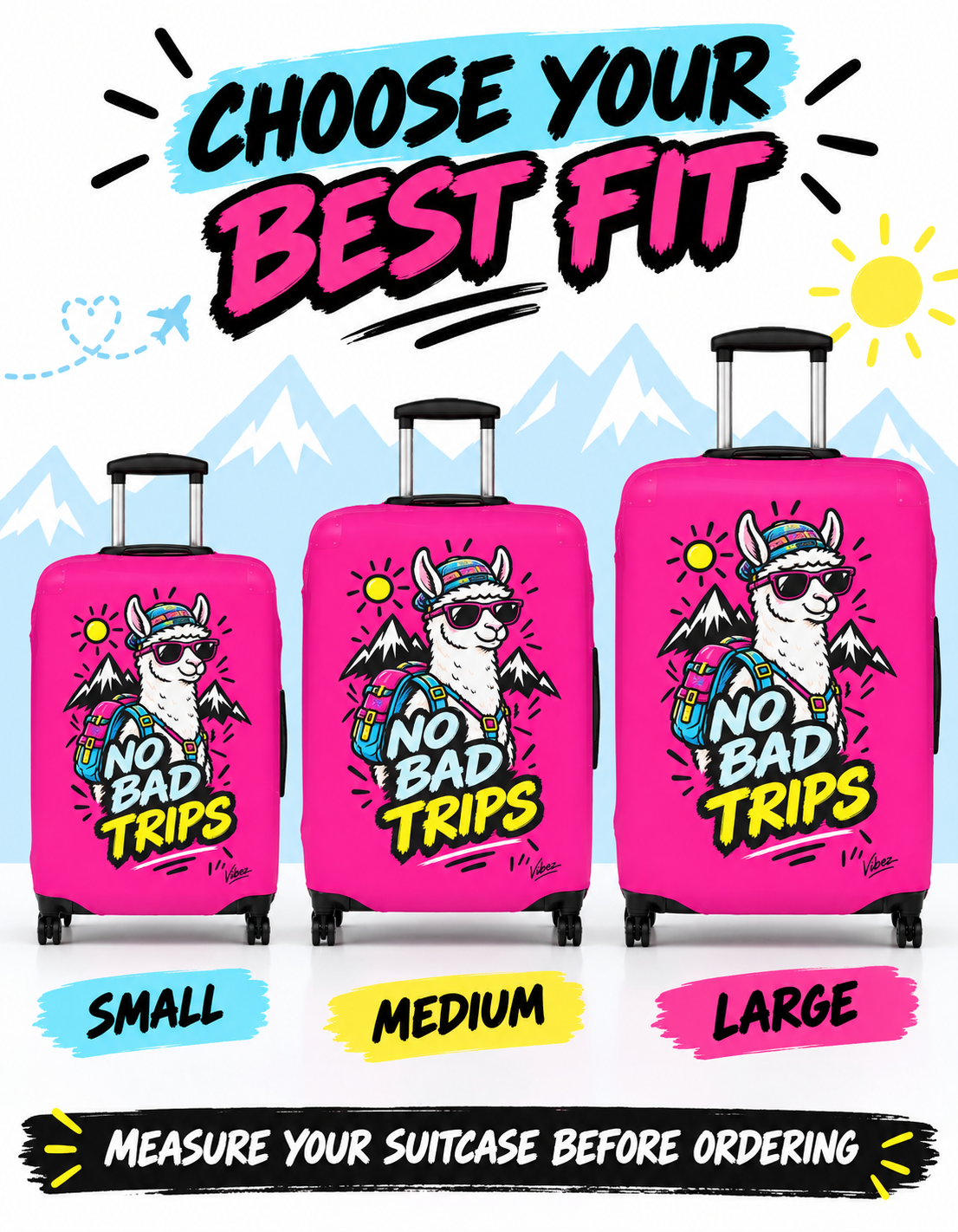 No Bad Trips Llama Luggage Cover | Bright Pink Travel Protector