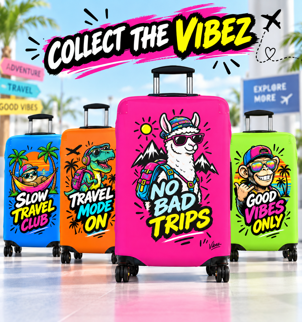 No Bad Trips Llama Luggage Cover | Bright Pink Travel Protector