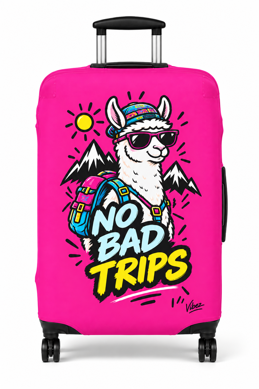 No Bad Trips Llama Luggage Cover | Bright Pink Travel Protector