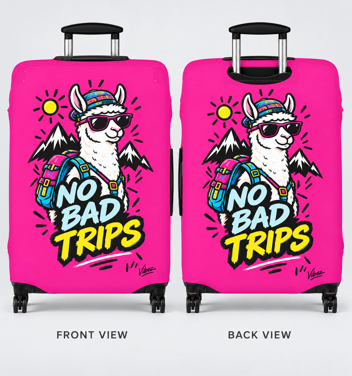 No Bad Trips Llama Luggage Cover | Bright Pink Travel Protector