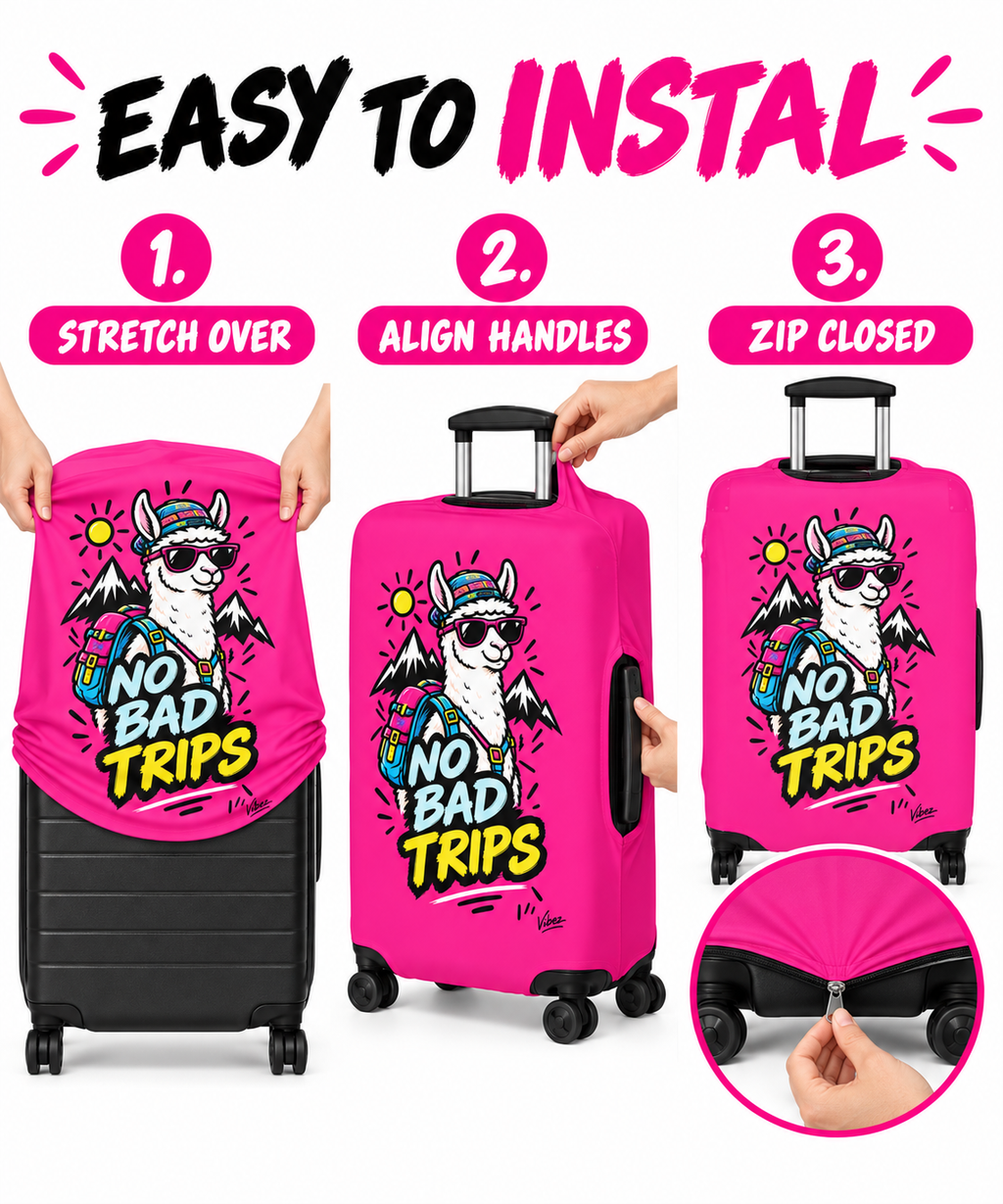 No Bad Trips Llama Luggage Cover | Bright Pink Travel Protector