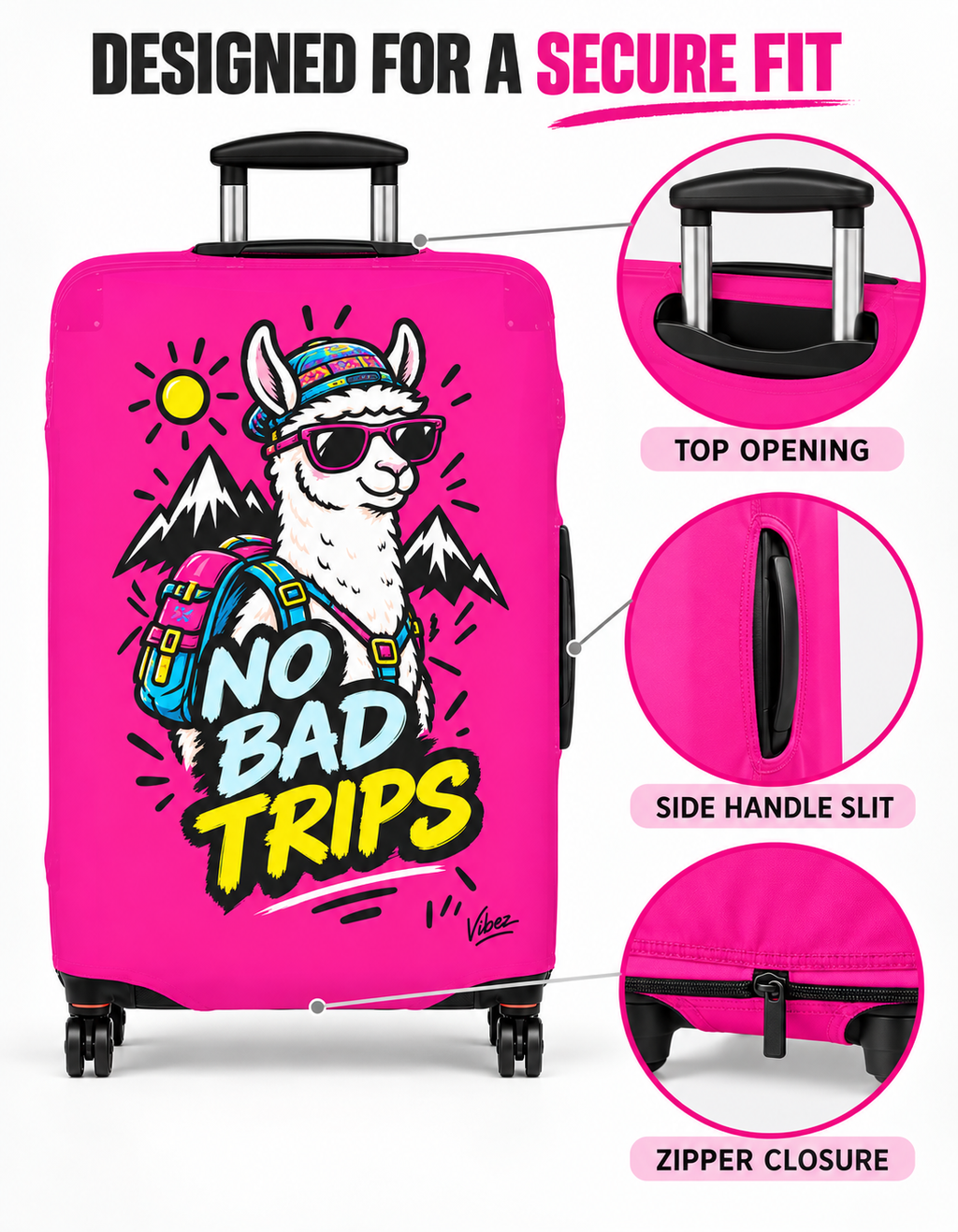No Bad Trips Llama Luggage Cover | Bright Pink Travel Protector