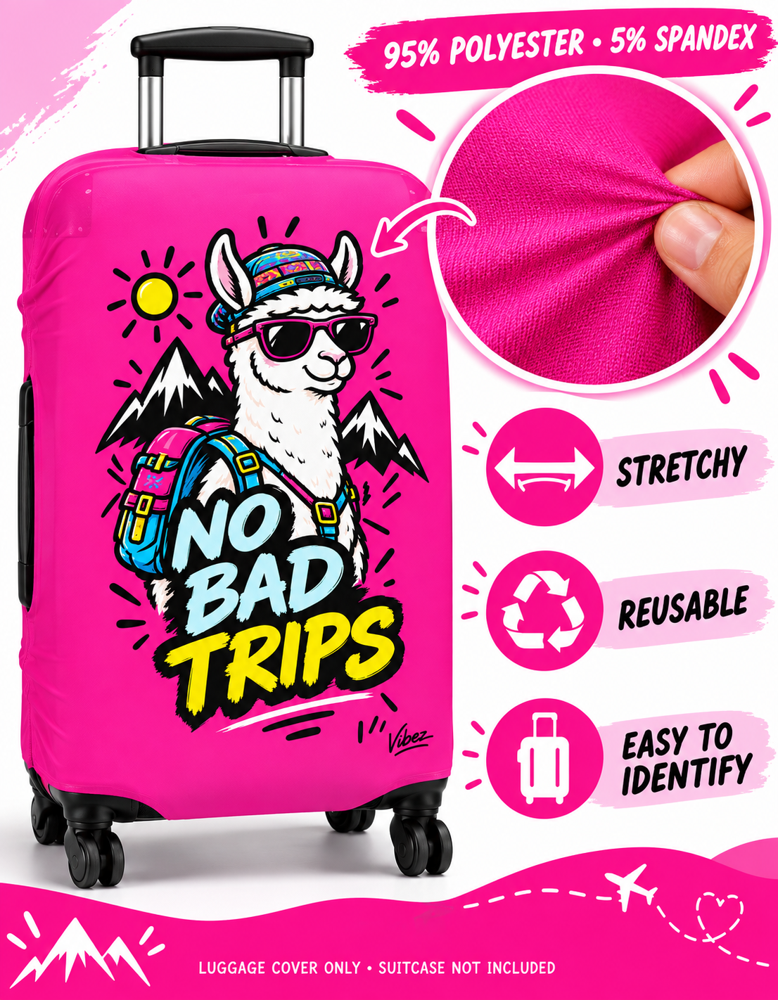 No Bad Trips Llama Luggage Cover | Bright Pink Travel Protector