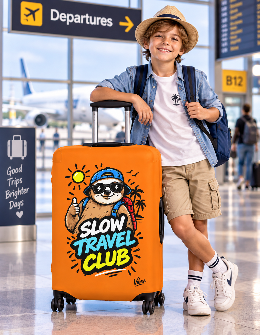Slow Travel Club Luggage Cover | Sloth Beach Vacation Suitcase Sleeve