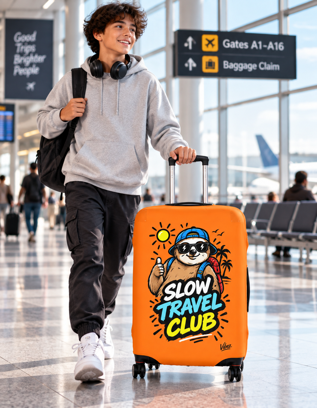 Slow Travel Club Luggage Cover | Sloth Beach Vacation Suitcase Sleeve