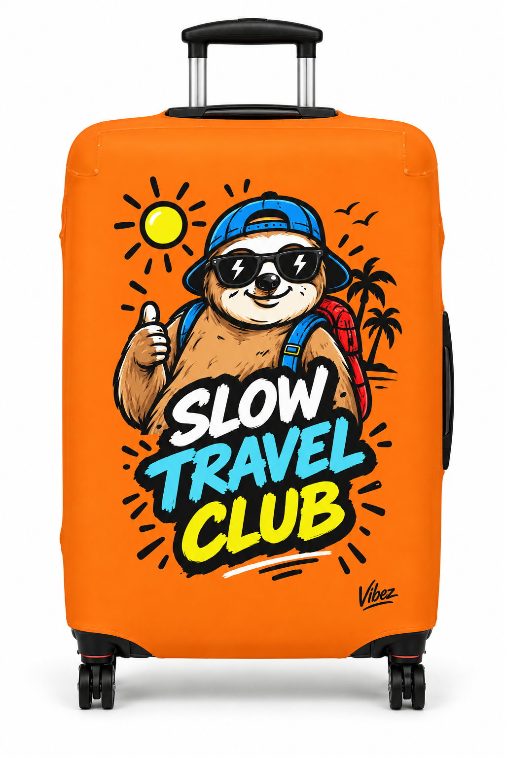 Slow Travel Club Luggage Cover | Sloth Beach Vacation Suitcase Sleeve