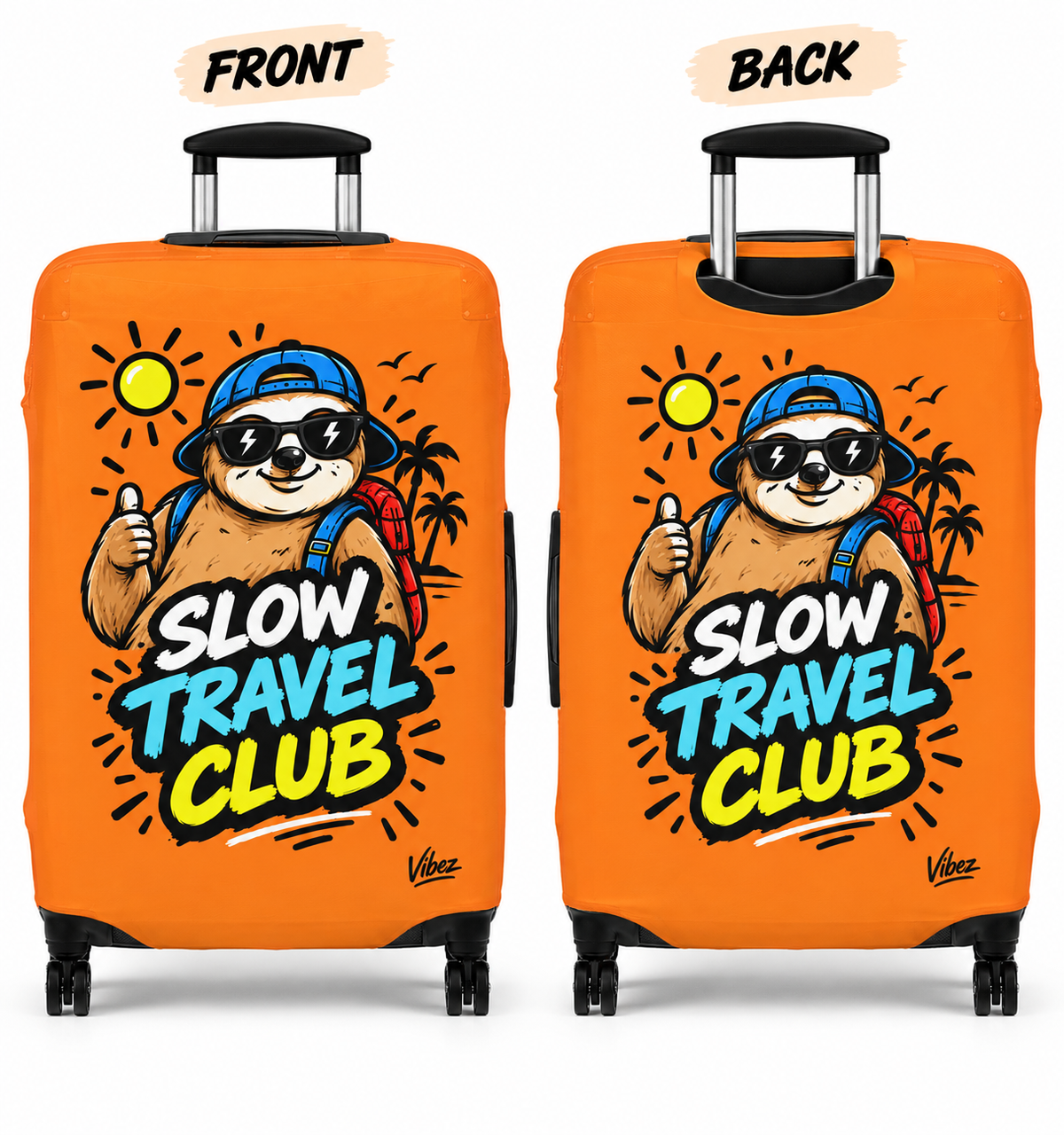 Slow Travel Club Luggage Cover | Sloth Beach Vacation Suitcase Sleeve