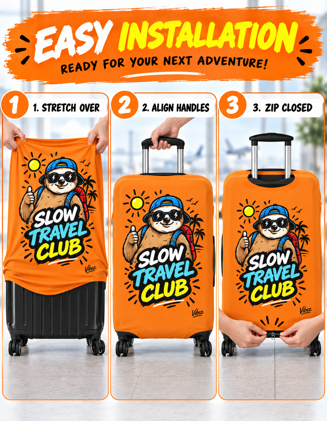 Slow Travel Club Luggage Cover | Sloth Beach Vacation Suitcase Sleeve