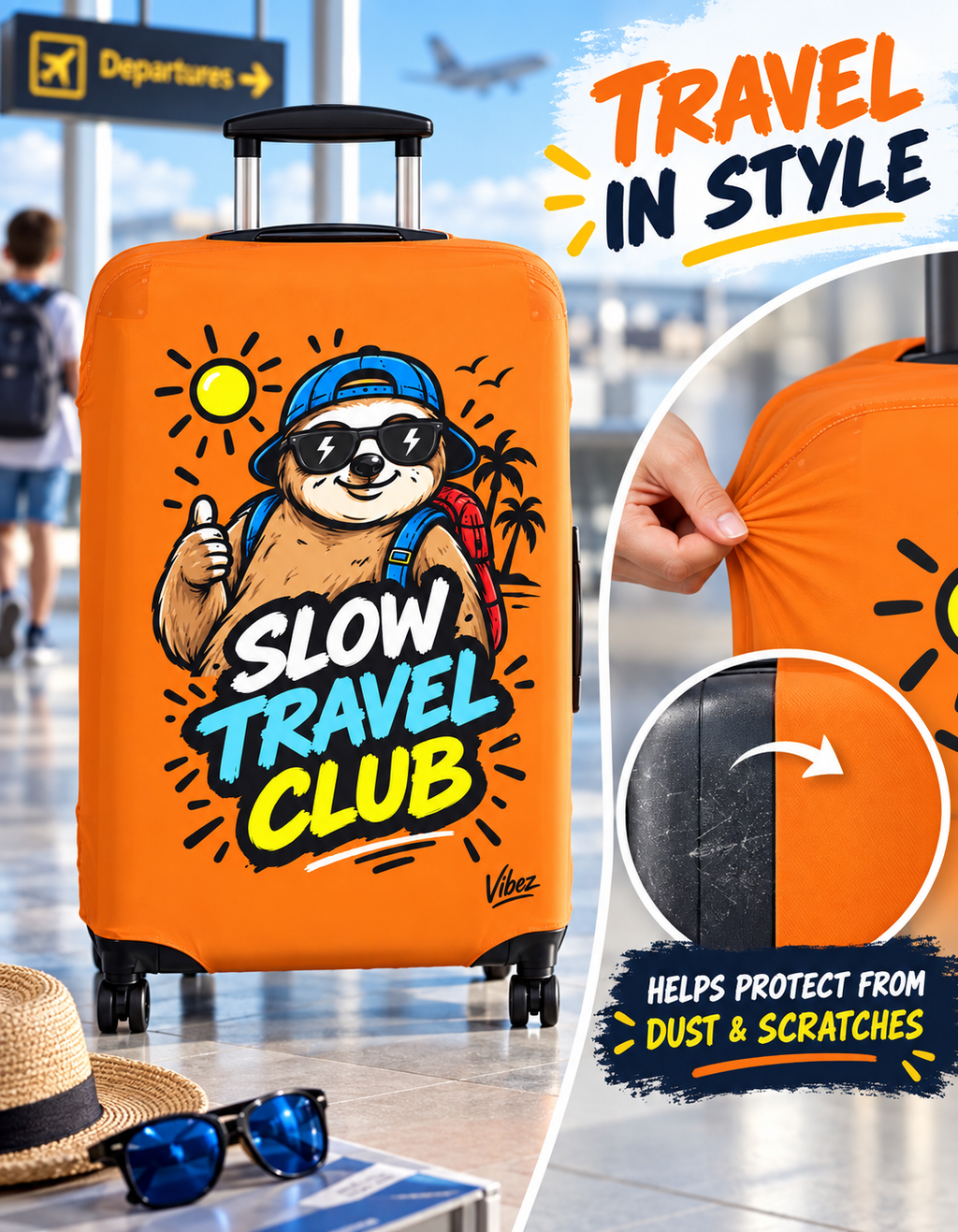 Slow Travel Club Luggage Cover | Sloth Beach Vacation Suitcase Sleeve