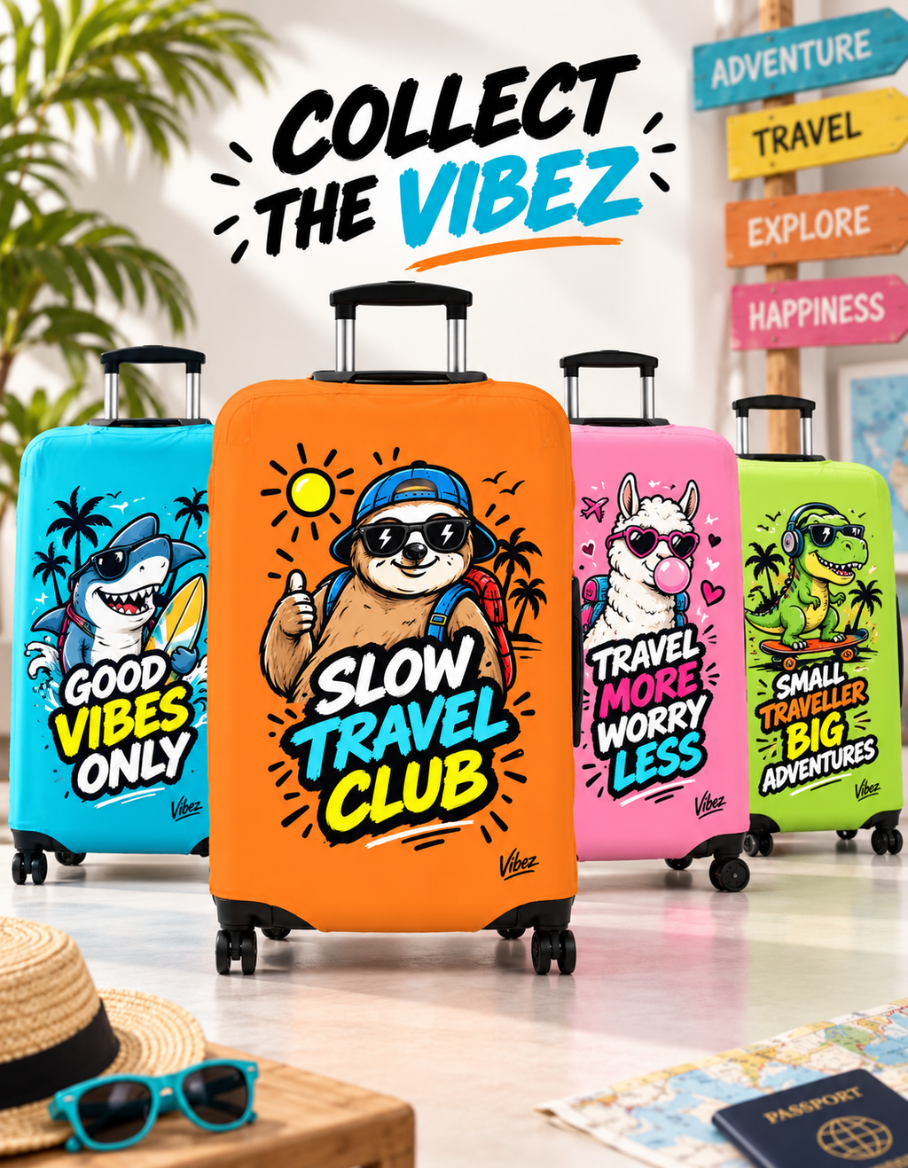 Slow Travel Club Luggage Cover | Sloth Beach Vacation Suitcase Sleeve
