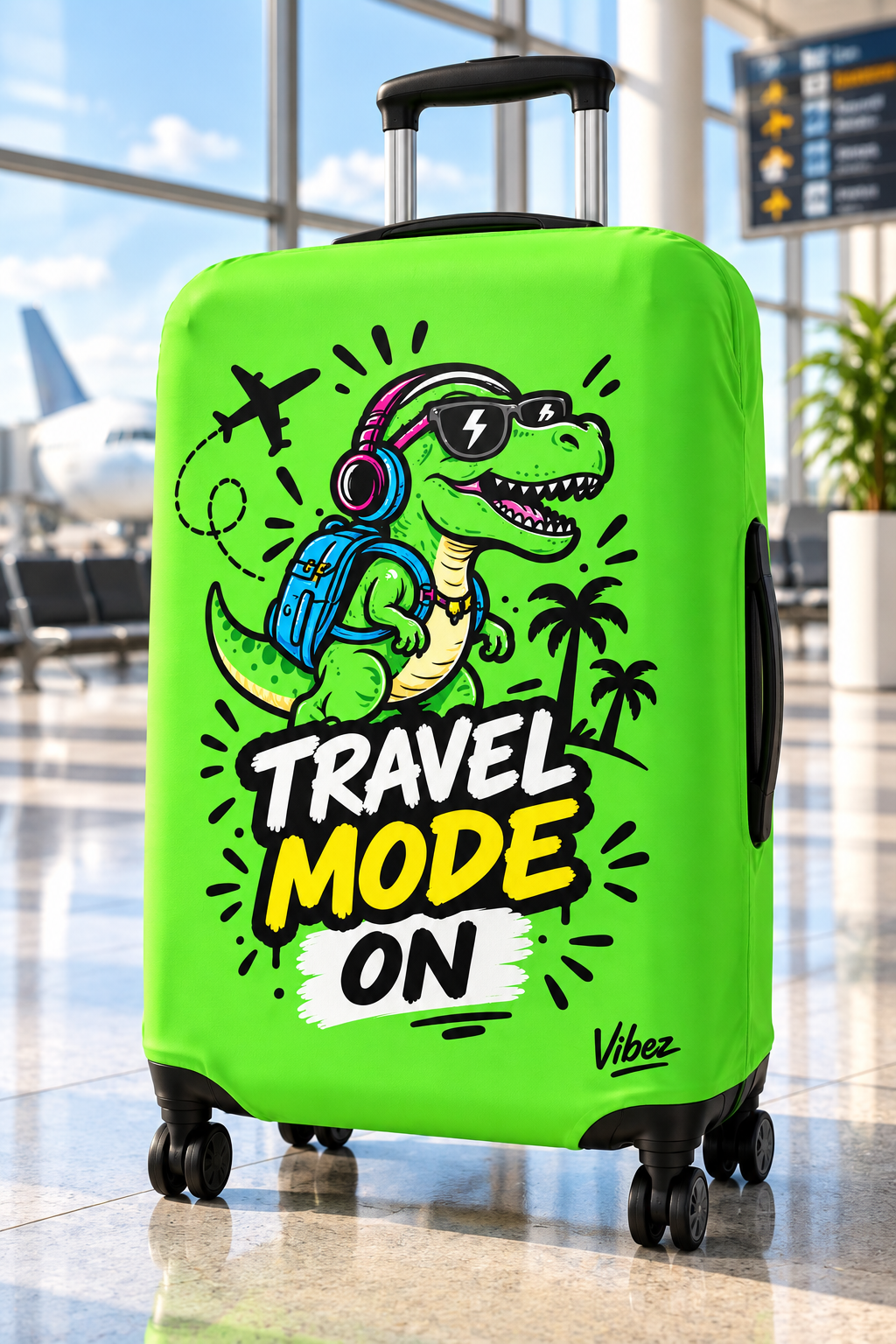 Travel Mode On dinosaur luggage cover | neon green suitcase protector