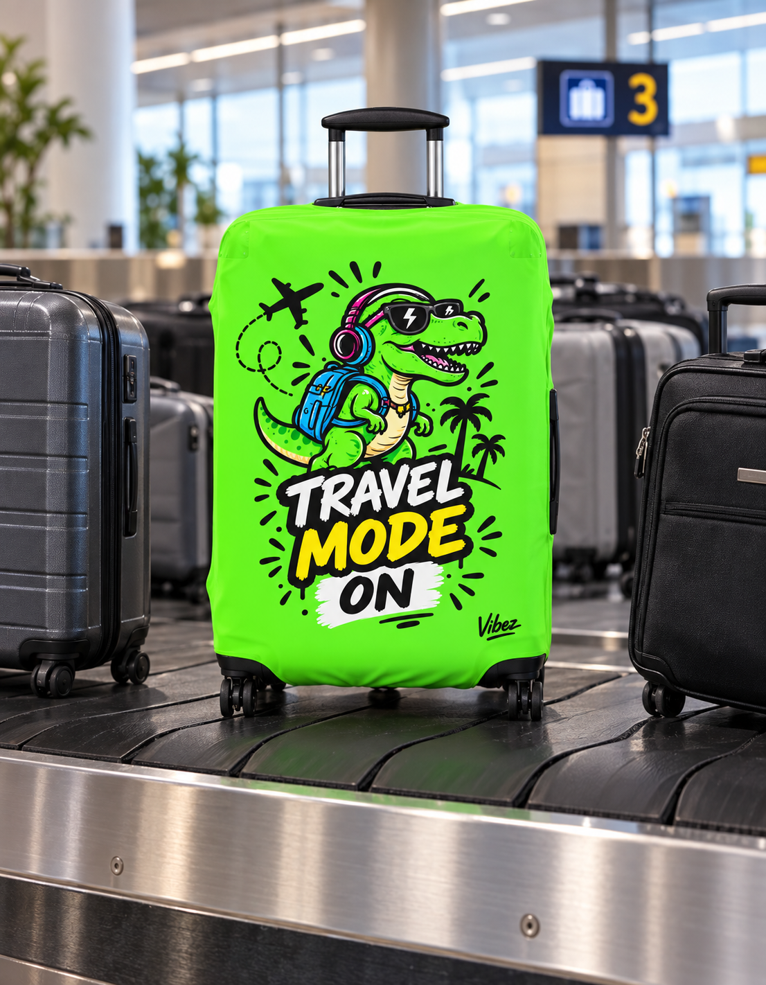 Travel Mode On dinosaur luggage cover | neon green suitcase protector