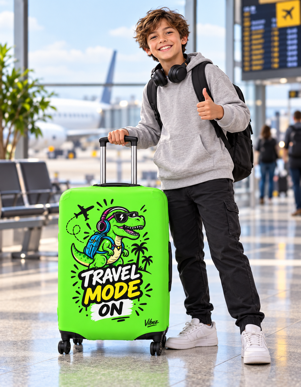 Travel Mode On dinosaur luggage cover | neon green suitcase protector