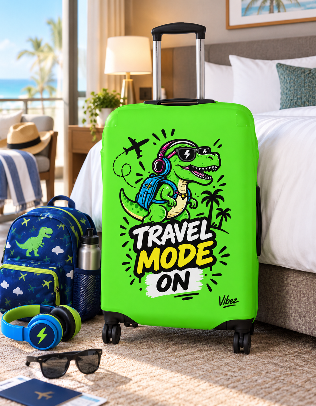 Travel Mode On dinosaur luggage cover | neon green suitcase protector