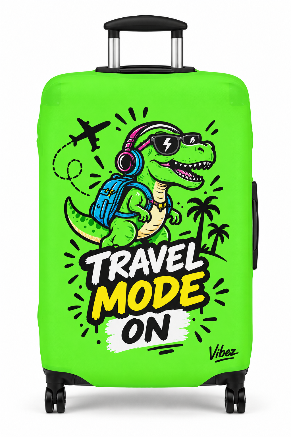 Travel Mode On dinosaur luggage cover | neon green suitcase protector