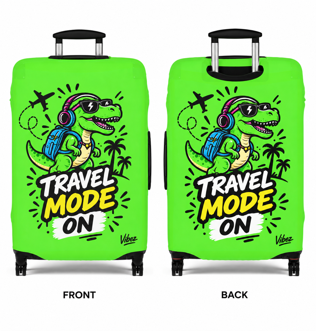 Travel Mode On dinosaur luggage cover | neon green suitcase protector