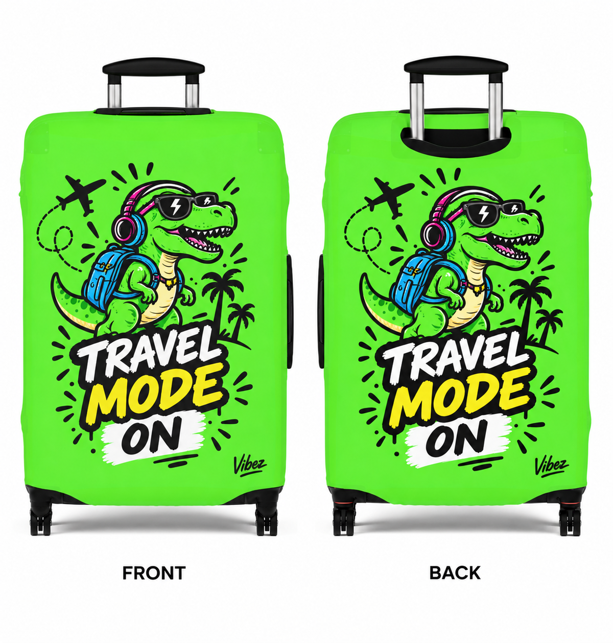 Travel Mode On dinosaur luggage cover | neon green suitcase protector