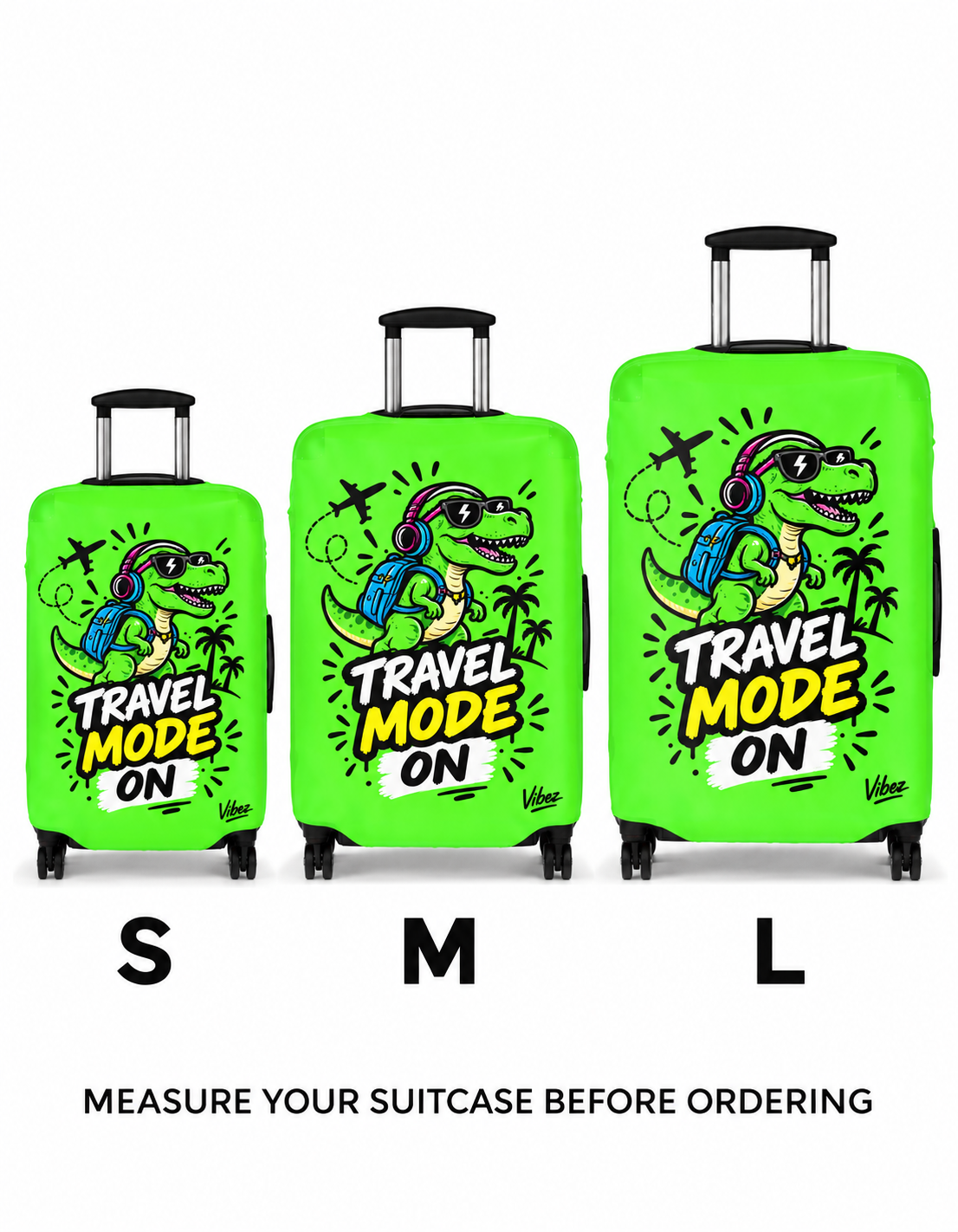 Travel Mode On dinosaur luggage cover | neon green suitcase protector