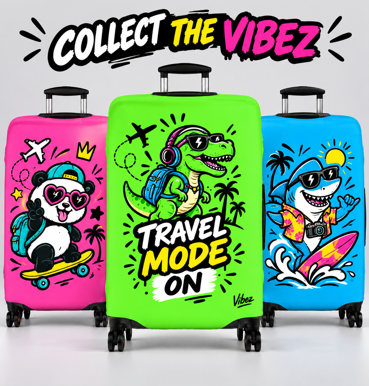 Travel Mode On dinosaur luggage cover | neon green suitcase protector