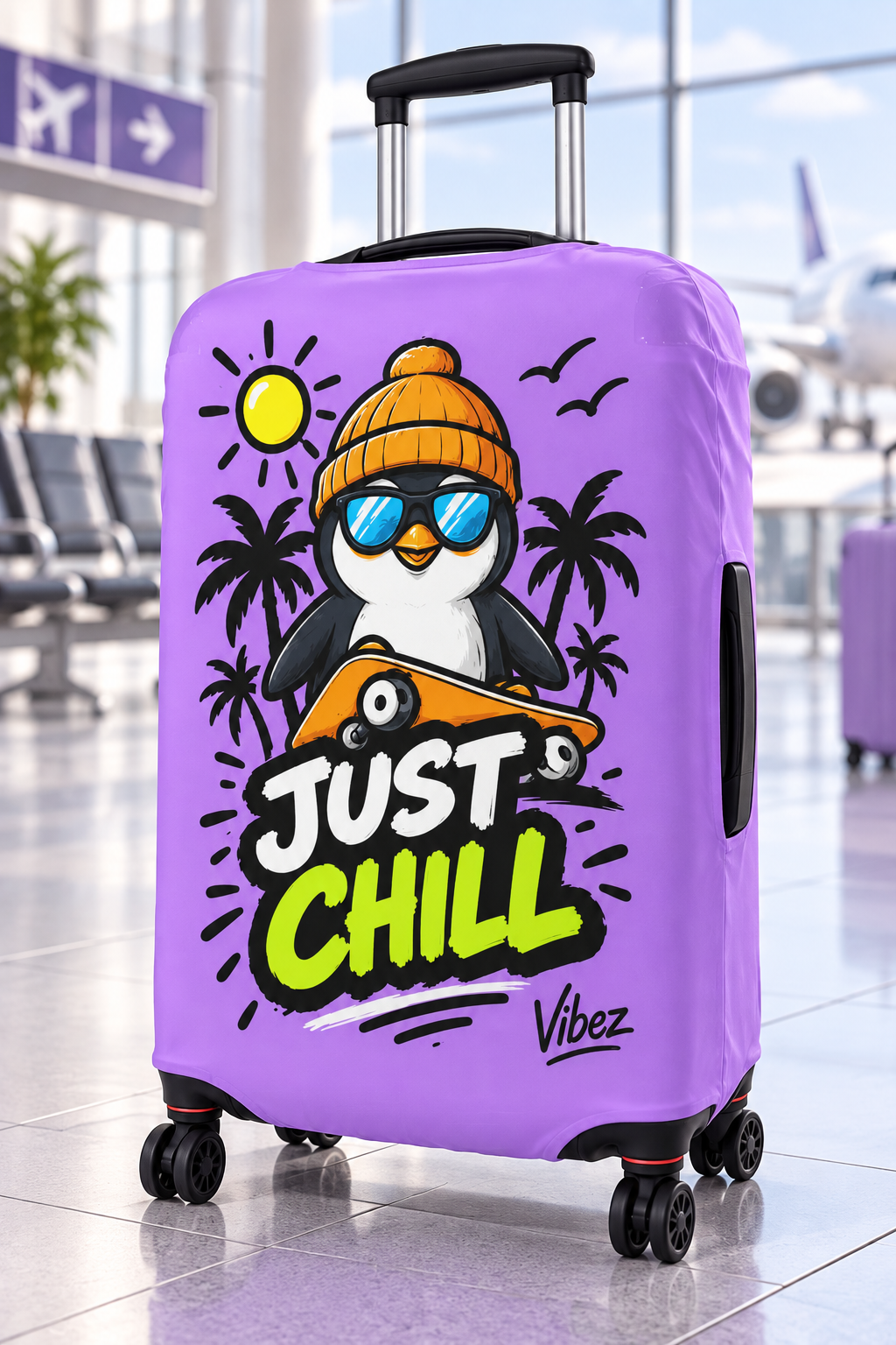 Just Chill Penguin Luggage Cover | Purple Skateboard Beach Design