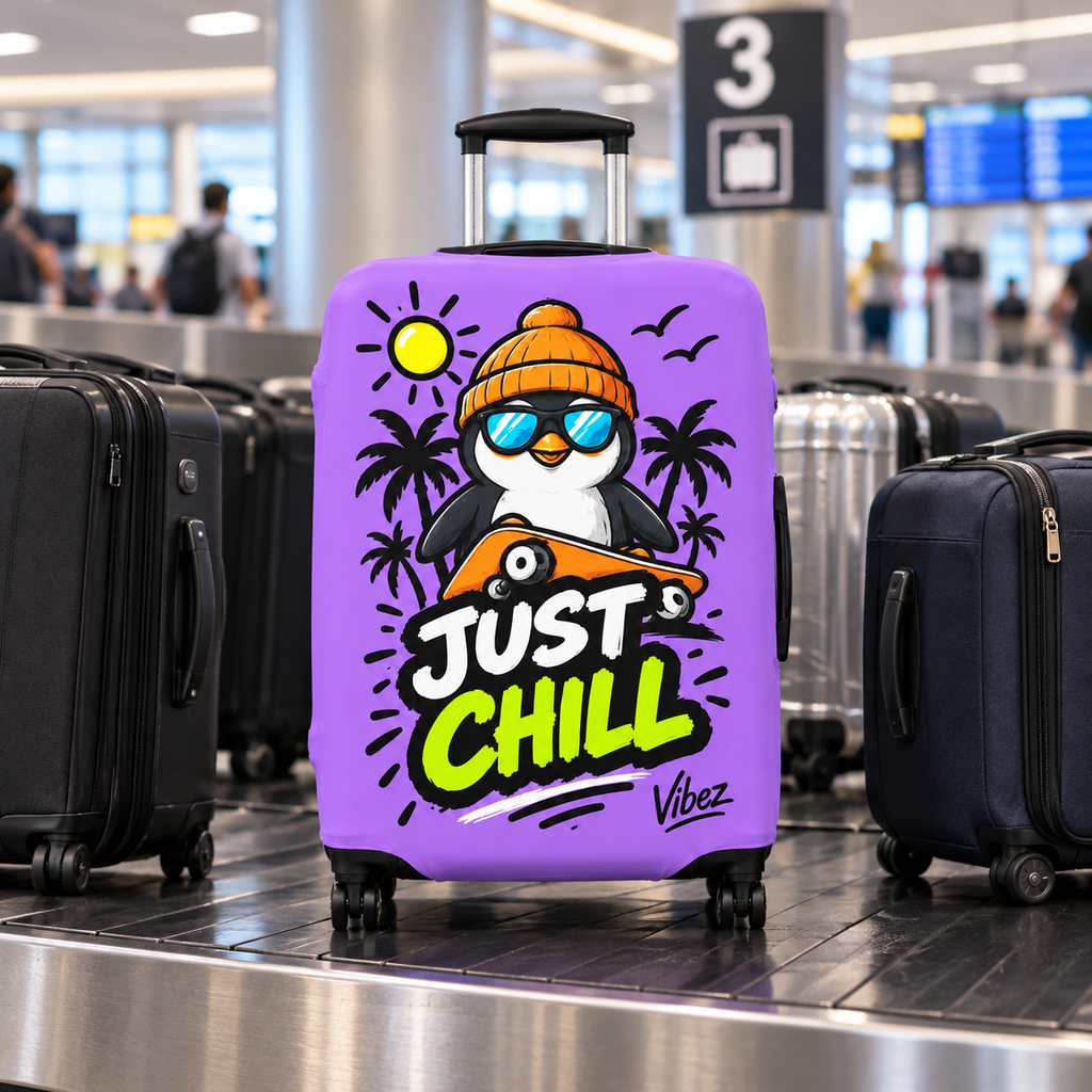 Just Chill Penguin Luggage Cover | Purple Skateboard Beach Design
