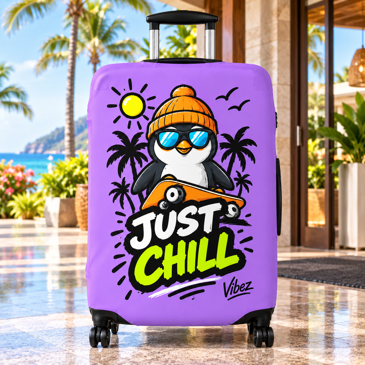Just Chill Penguin Luggage Cover | Purple Skateboard Beach Design