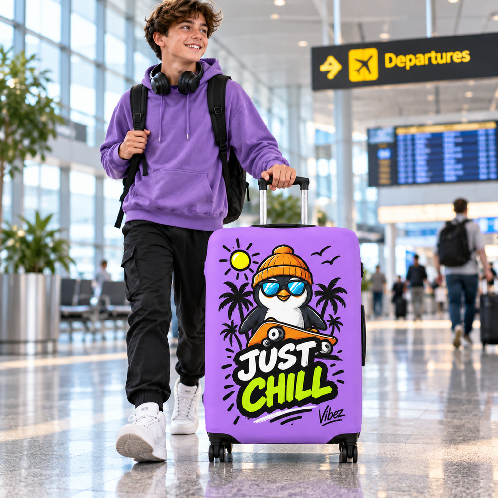 Just Chill Penguin Luggage Cover | Purple Skateboard Beach Design