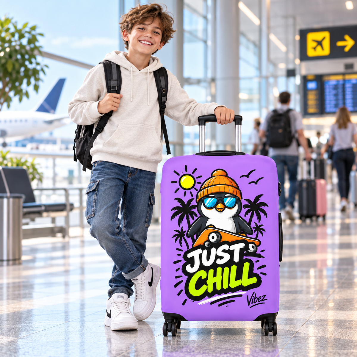 Just Chill Penguin Luggage Cover | Purple Skateboard Beach Design