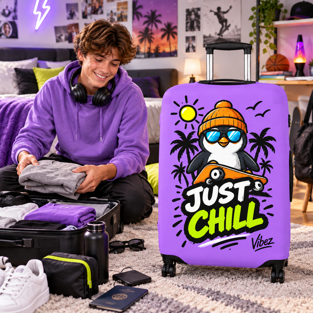 Just Chill Penguin Luggage Cover | Purple Skateboard Beach Design